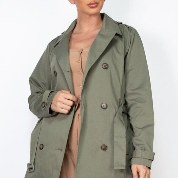 Olive Fall Winter Double-breasted notch belted coat - Picture 5 of 5